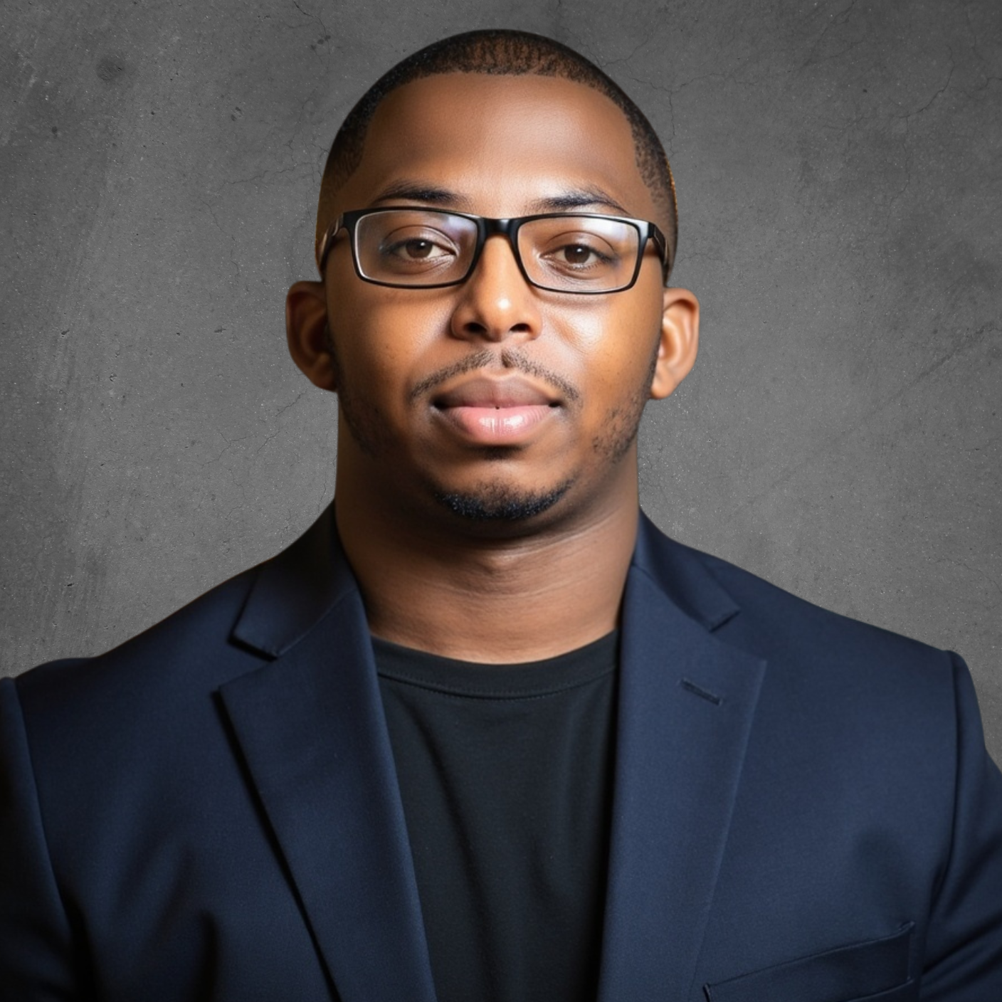 Man with glasses in a blazer and black shirt, looking directly at the camera against a gray background.