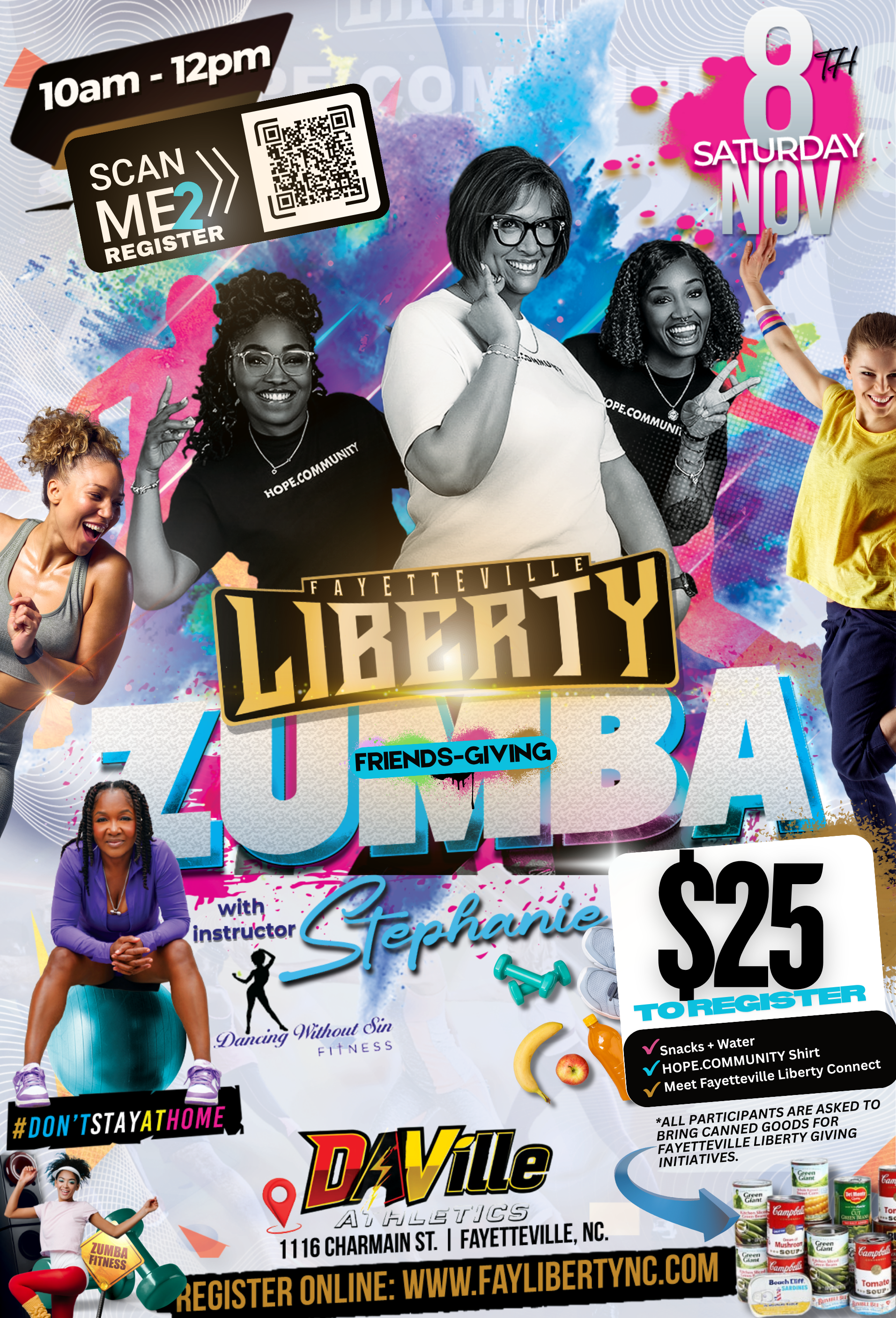 Flyer: Tryouts for Fayetteville Lady Liberty. Woman with glasses, smiling, on flyer with details, date, location. Registration is $25.