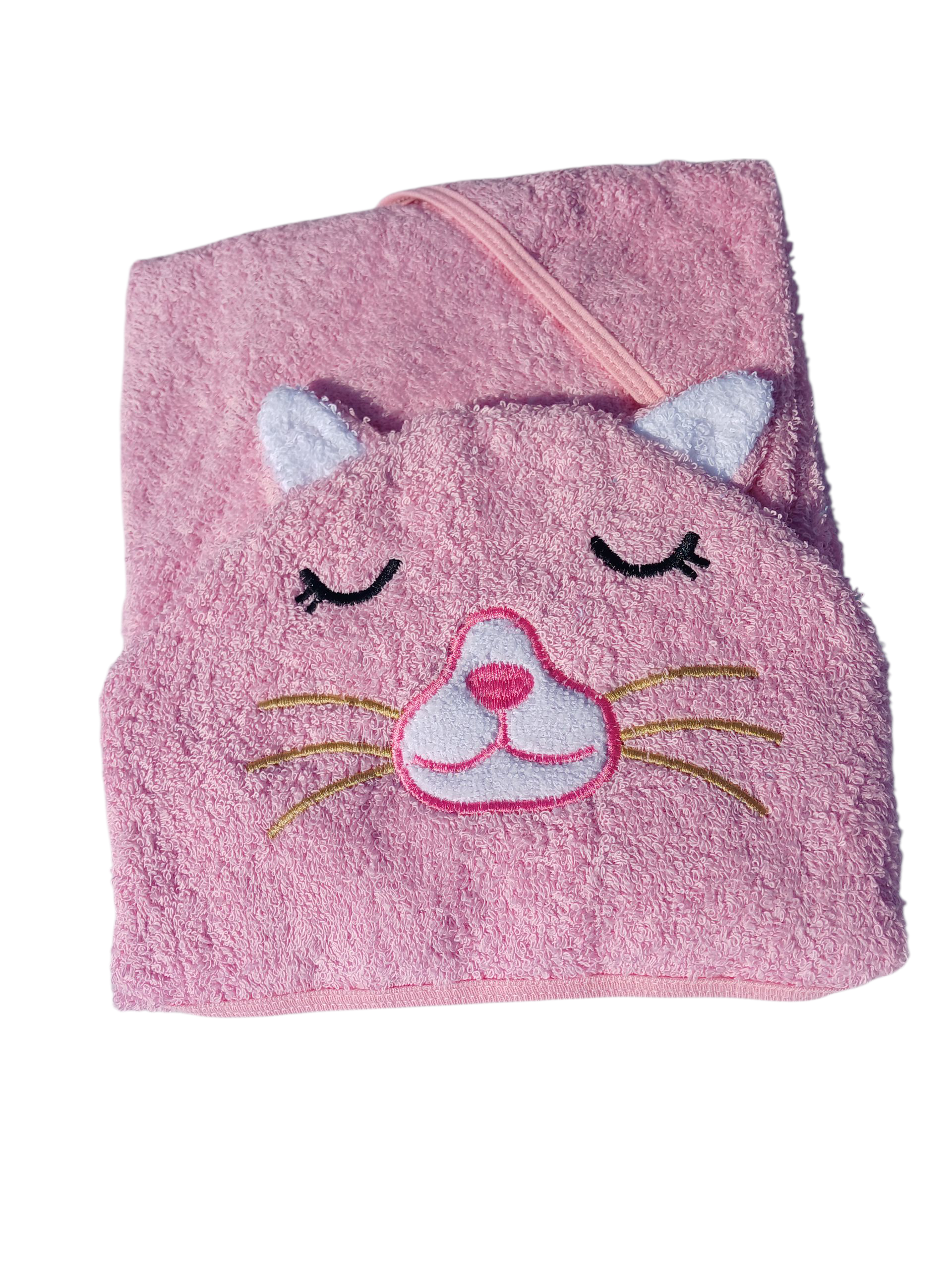Toalla de bebé con capucha rosa y bordado de cara de gato.
