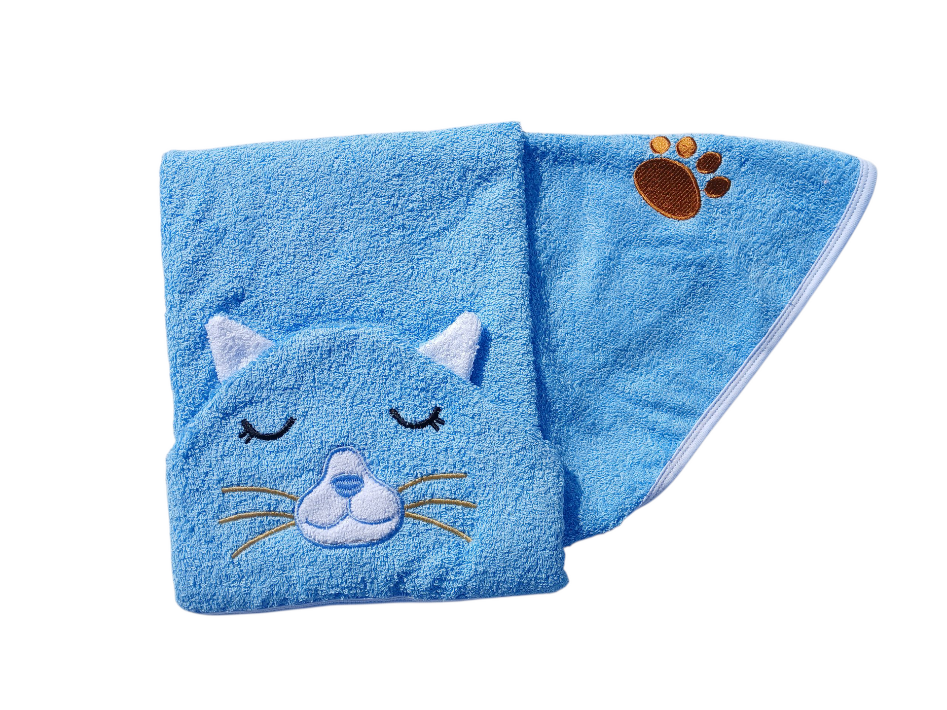 Toalla con capucha en forma de gato azul con cara de gato bordada y huella de pata.