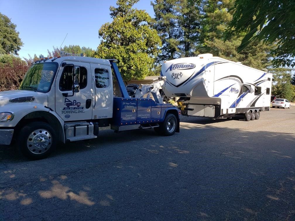 Towing Truck Pulling a Trailer — Concord, CA — ABC Towing