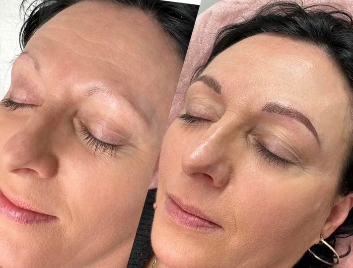Before and after photos of a woman with sparse eyebrows, then with professionally shaped and filled-in eyebrows.