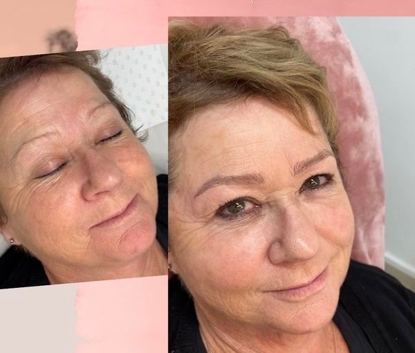 Before and after photos of a woman with new eyebrow microblading. Light brown eyebrows and smiling.