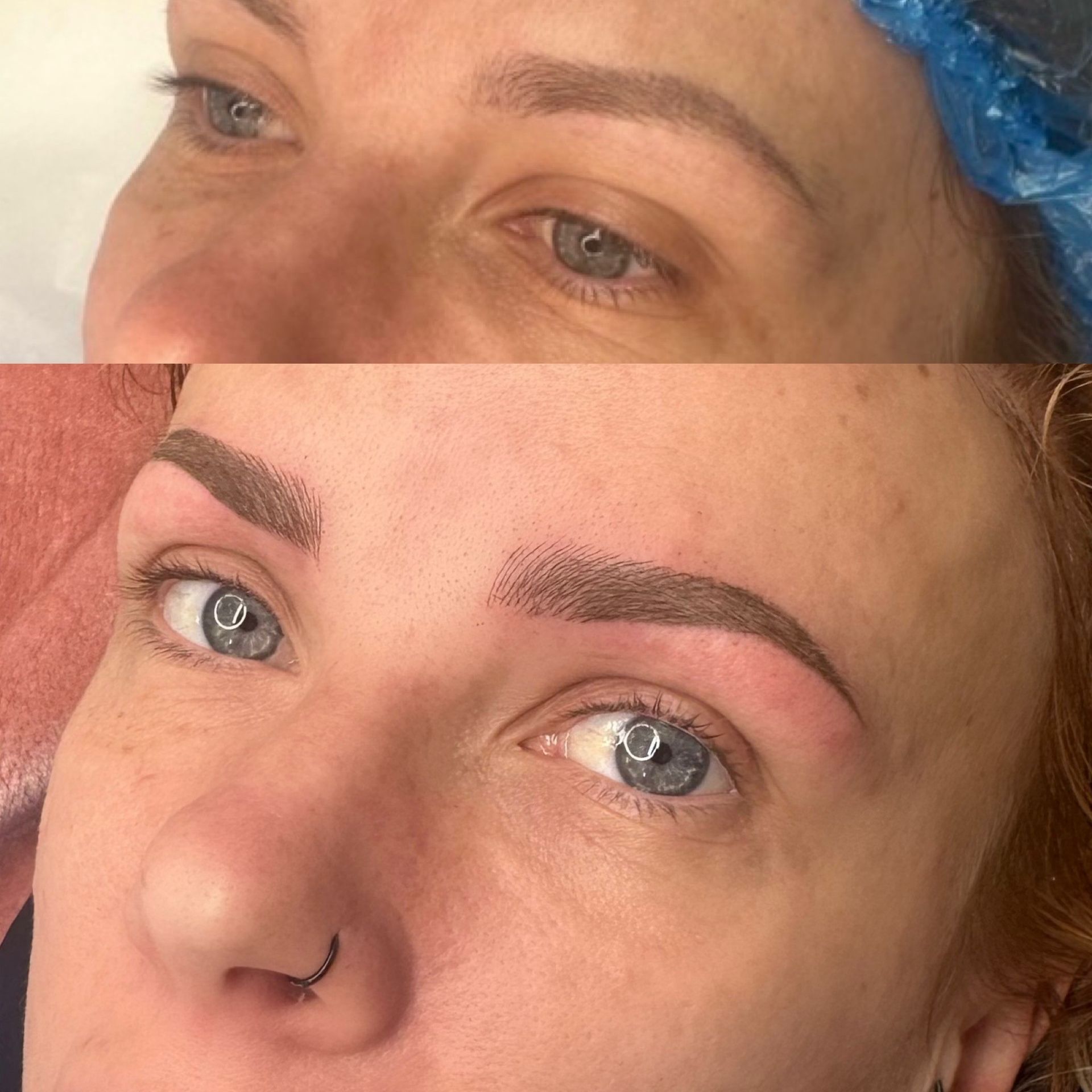 Before and after photos of a woman's eyebrows, showing a dramatic improvement with microblading; brown pigment.