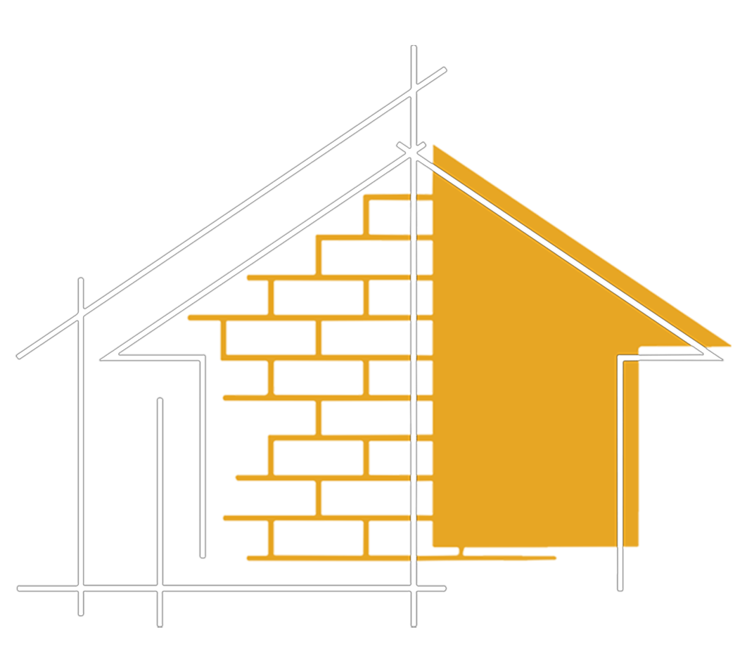 A drawing of a house with a brick wall and an arrow pointing up.