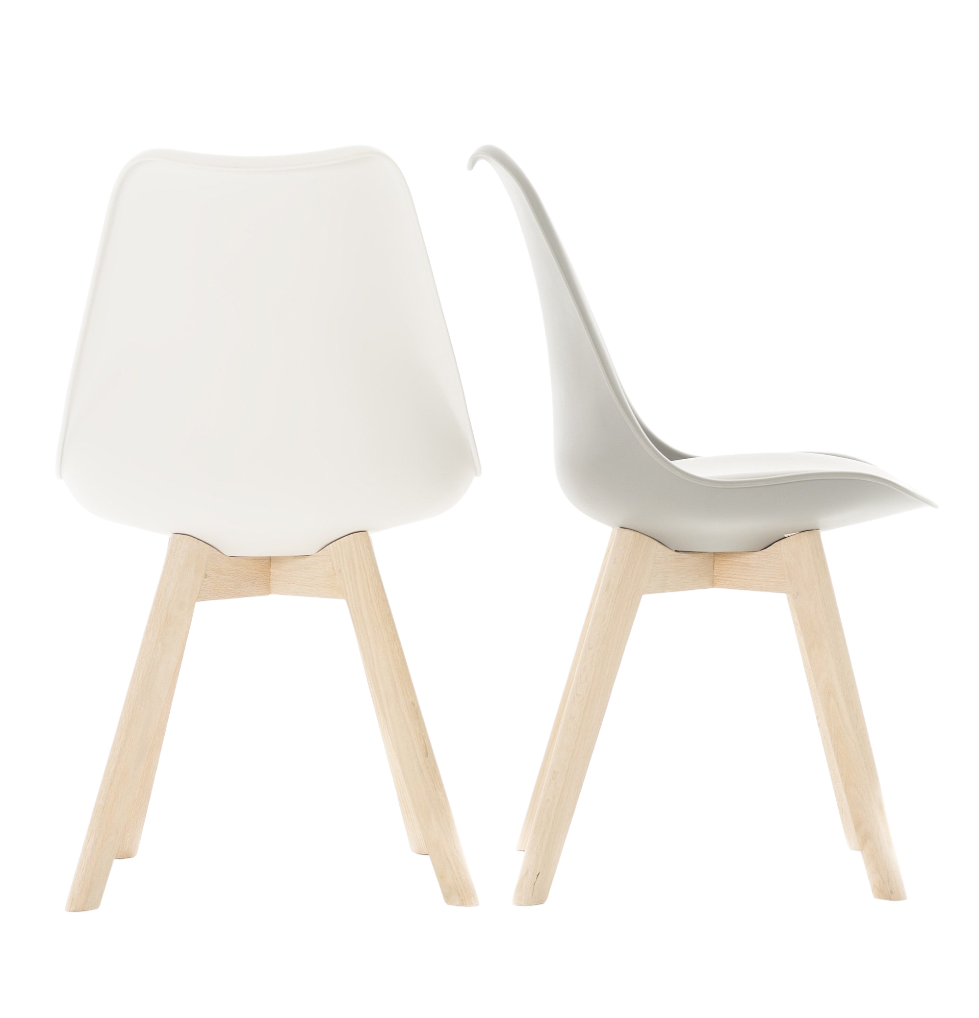 Two white plastic chairs with wooden legs; one from the back, one from the side.