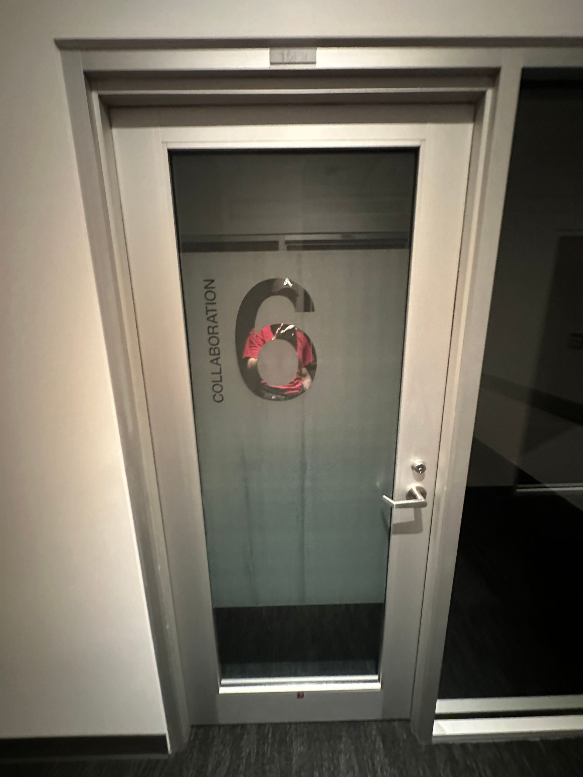 A door labeled "Collaboration 6" with a frosted glass window. The door is framed in silver and situated in a modern office setting.