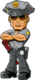 A cartoon police officer is standing with his arms crossed with a wrench in his belt.