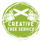 The logo for creative tree service shows two chainsaws crossed over each other.