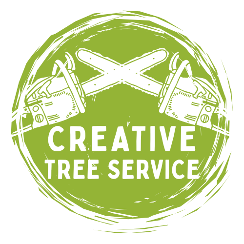 The logo for creative tree service shows two chainsaws crossed over each other.