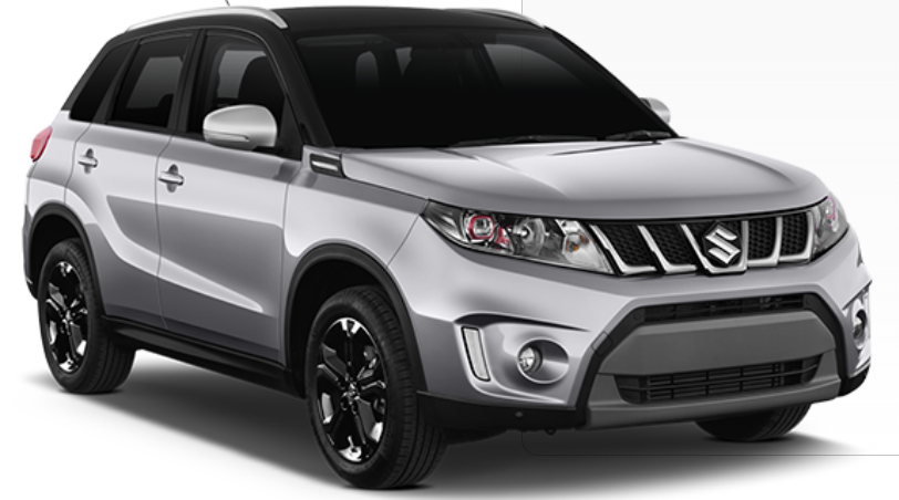 A silver suzuki vitara with black wheels on a white background.