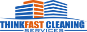 Thinkfast cleaning services logo. Blue and orange buildings with thinkfast cleaning services as the text and company name.