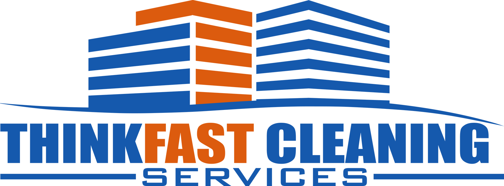 Thinkfast cleaning services logo. Blue and orange buildings with thinkfast cleaning services as the text and company name.