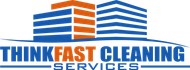 Thinkfast cleaning services logo. Blue and orange buildings with thinkfast cleaning services as the text and company name.