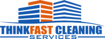 Thinkfast cleaning services logo. Blue and orange buildings with thinkfast cleaning services as the text and company name.