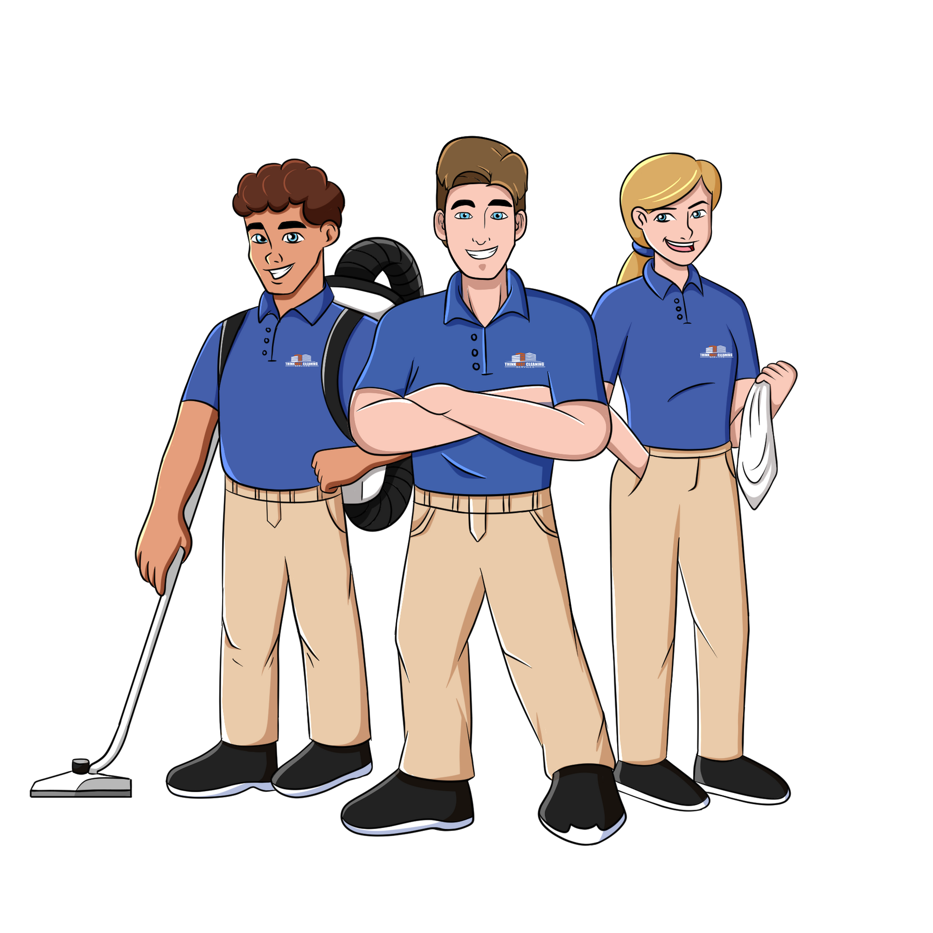 ThinkFast Cleaning Mascot carrying a vacuum and wearing the company uniform.