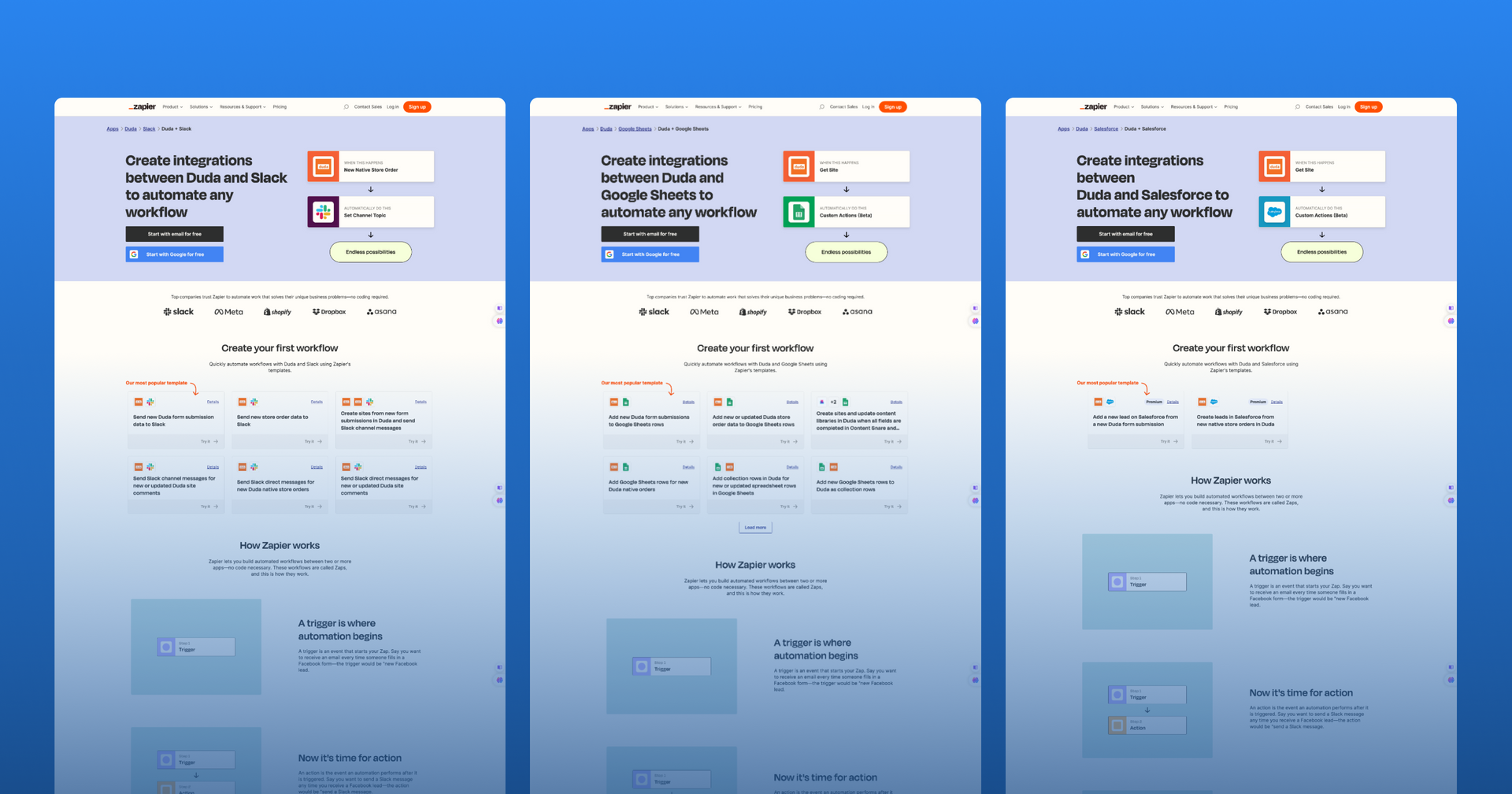 three different versions of a website on a blue background