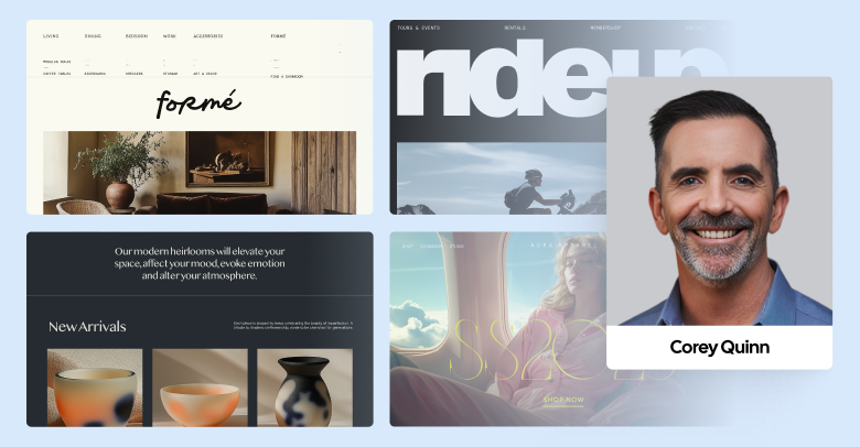 Corey Quinn alongside four website templates