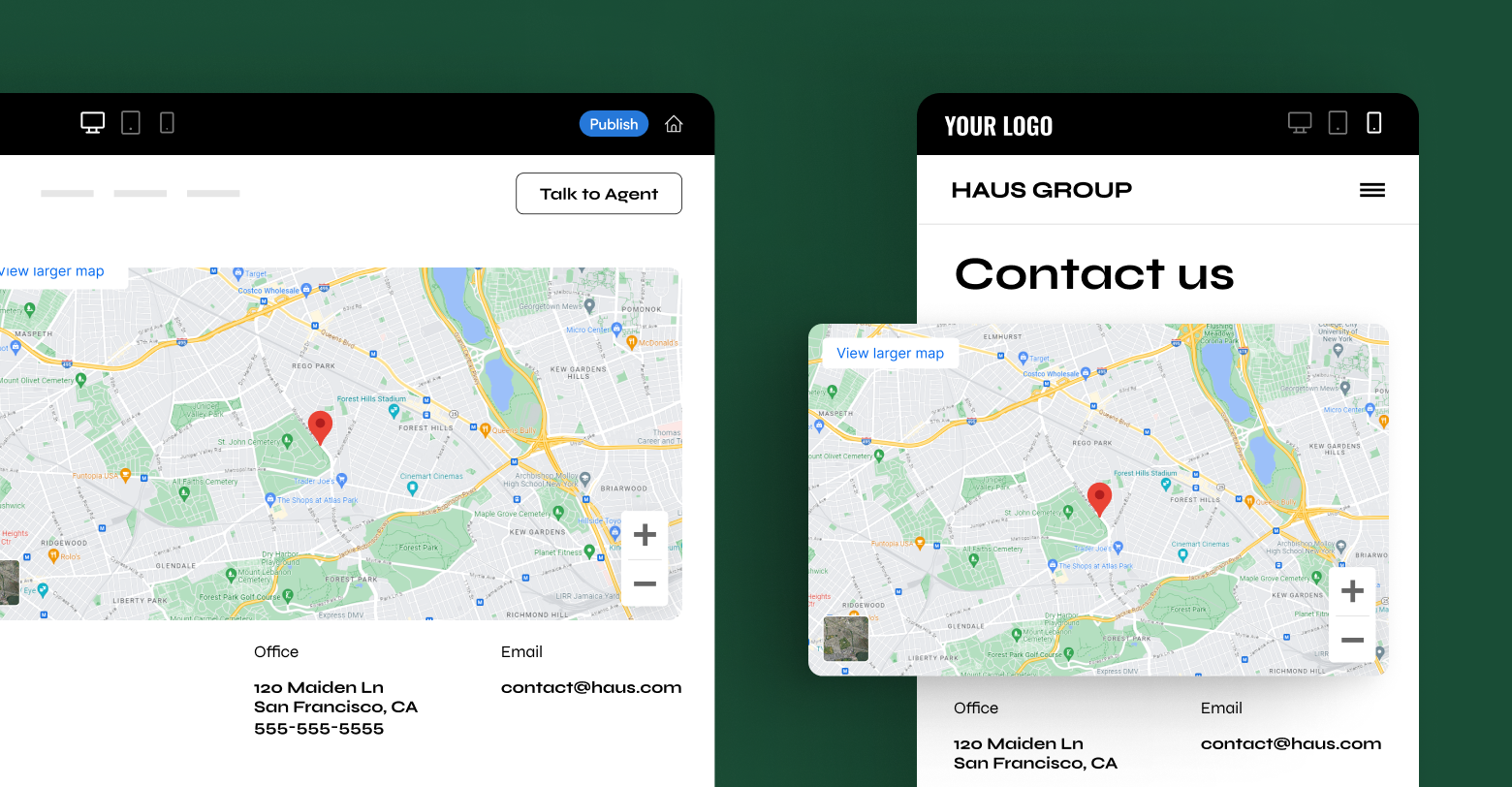 An image of a responsive google maps embed shown on both desktop and mobile devices.