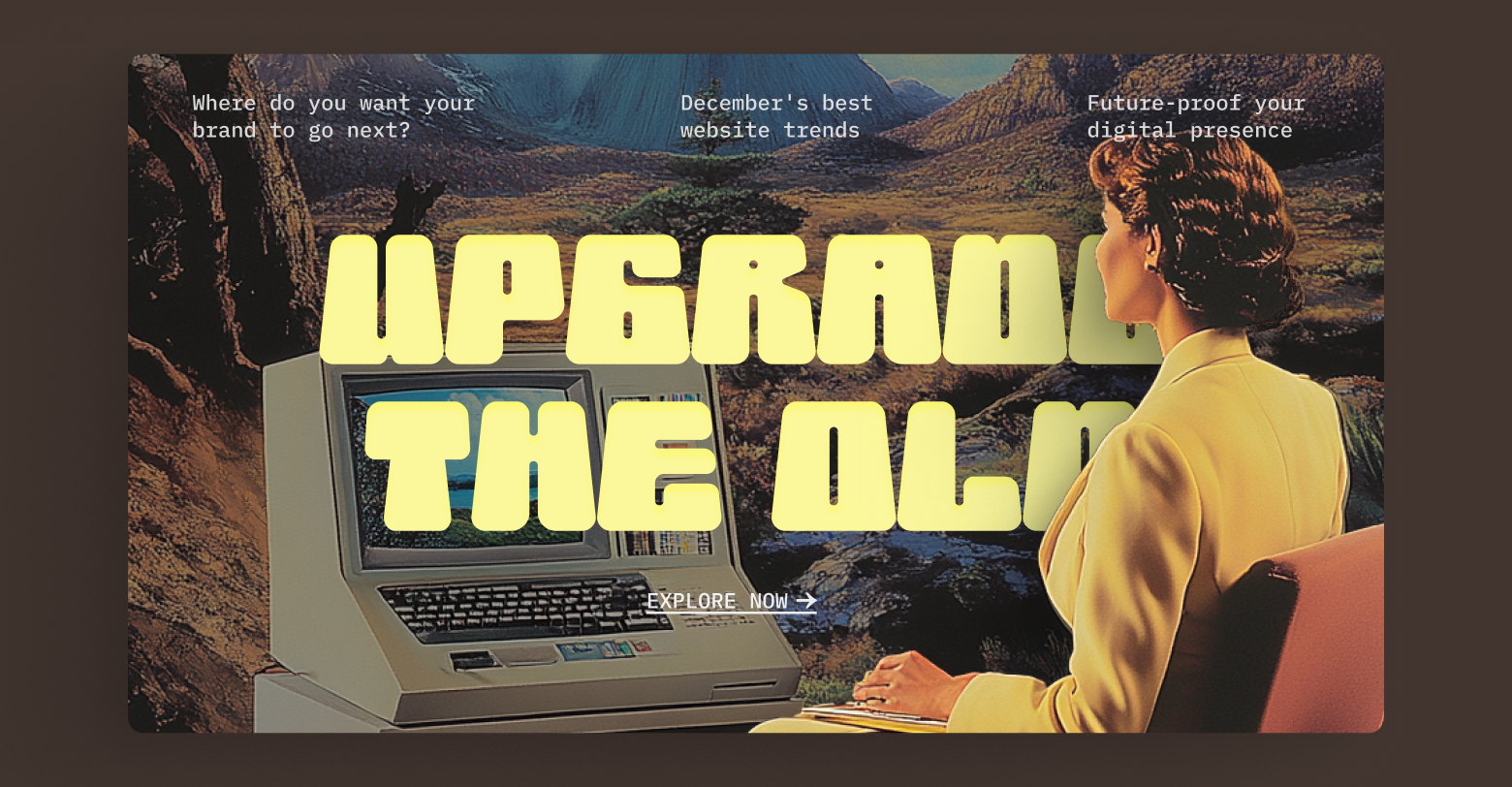 A woman is sitting in front of a computer with the words upgrade the old on the screen.