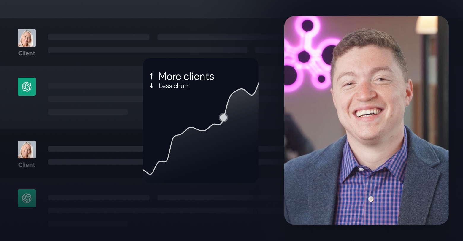 A man is smiling in front of an AI chatbot image and a growth graph with more clients and less churn