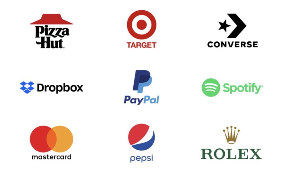 A collection of logos including Pizza Hut, Target, converse, MasterCard, Pepsi, Spotify and Rolex