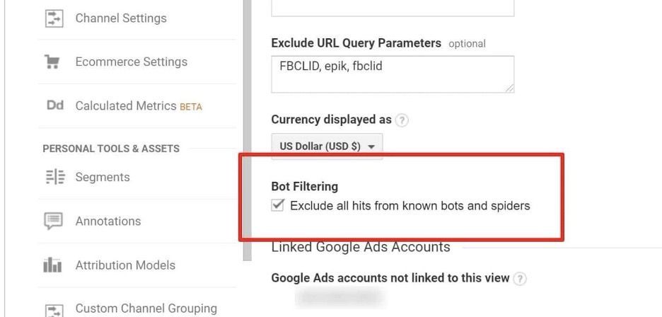 Google Analytics bot filtering is enabled screenshot