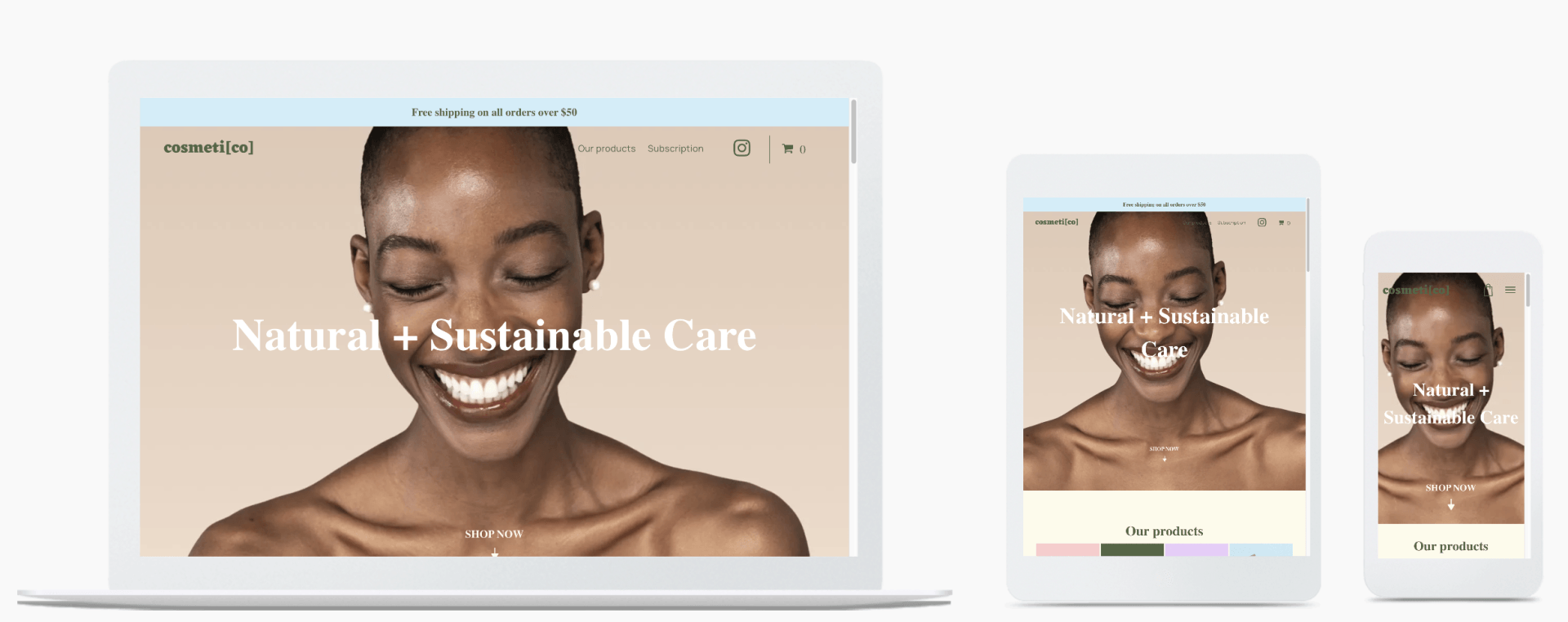 A cosmetic shop website on a desktop, tablet and mobile.