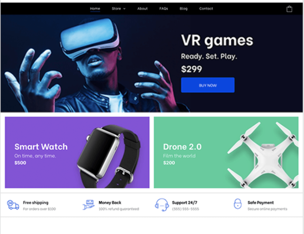 A websitet for vr games shows a man wearing a virtual reality headset