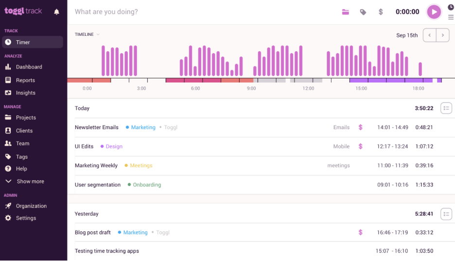 A screenshot from Toggl for tracking  employee hours in real time