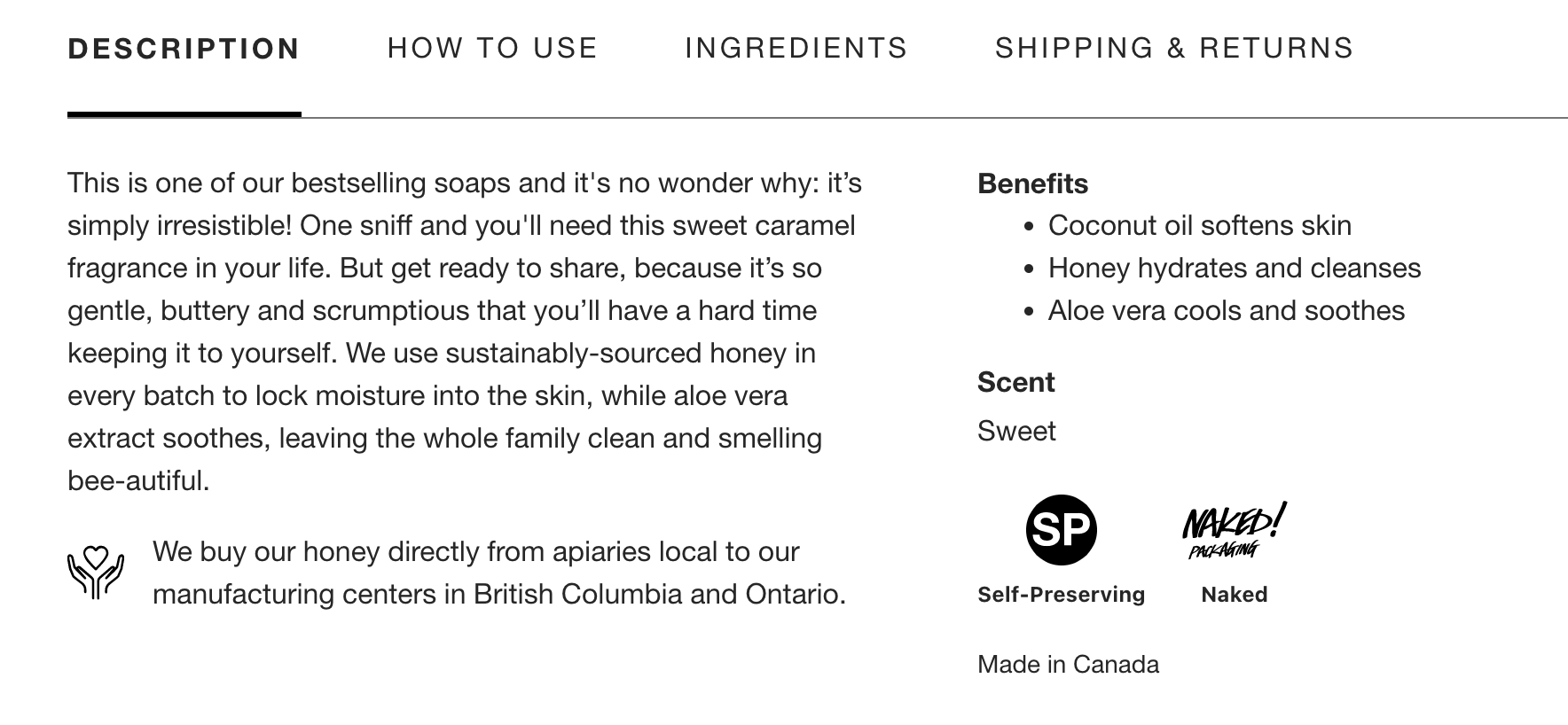 A screenshot of a description of a product (soap) 