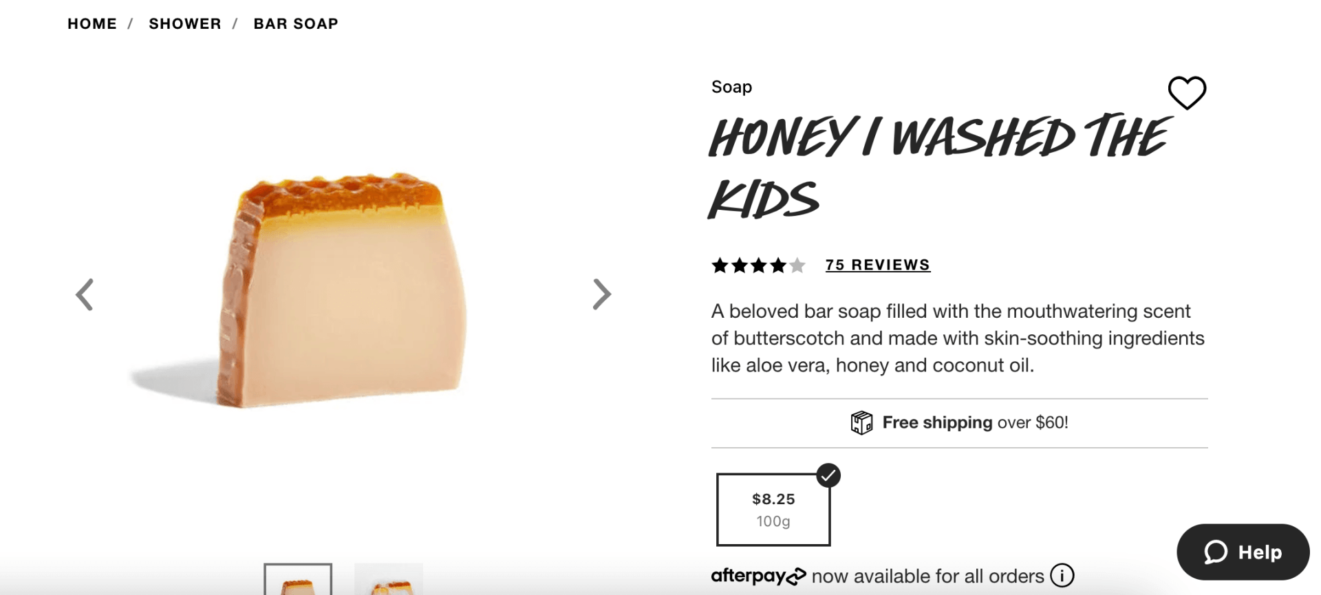 A screenshot of a web page showing a product listing for a bar of soap called 