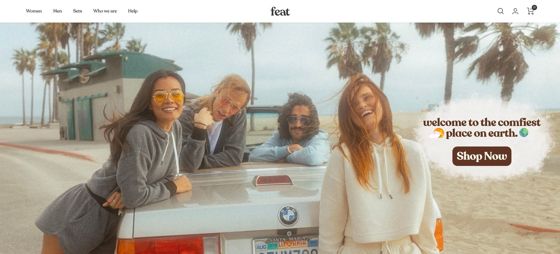 A screenshot of Feat's homepage shows a group of people standing next to a car on a beach with a CTA calling 