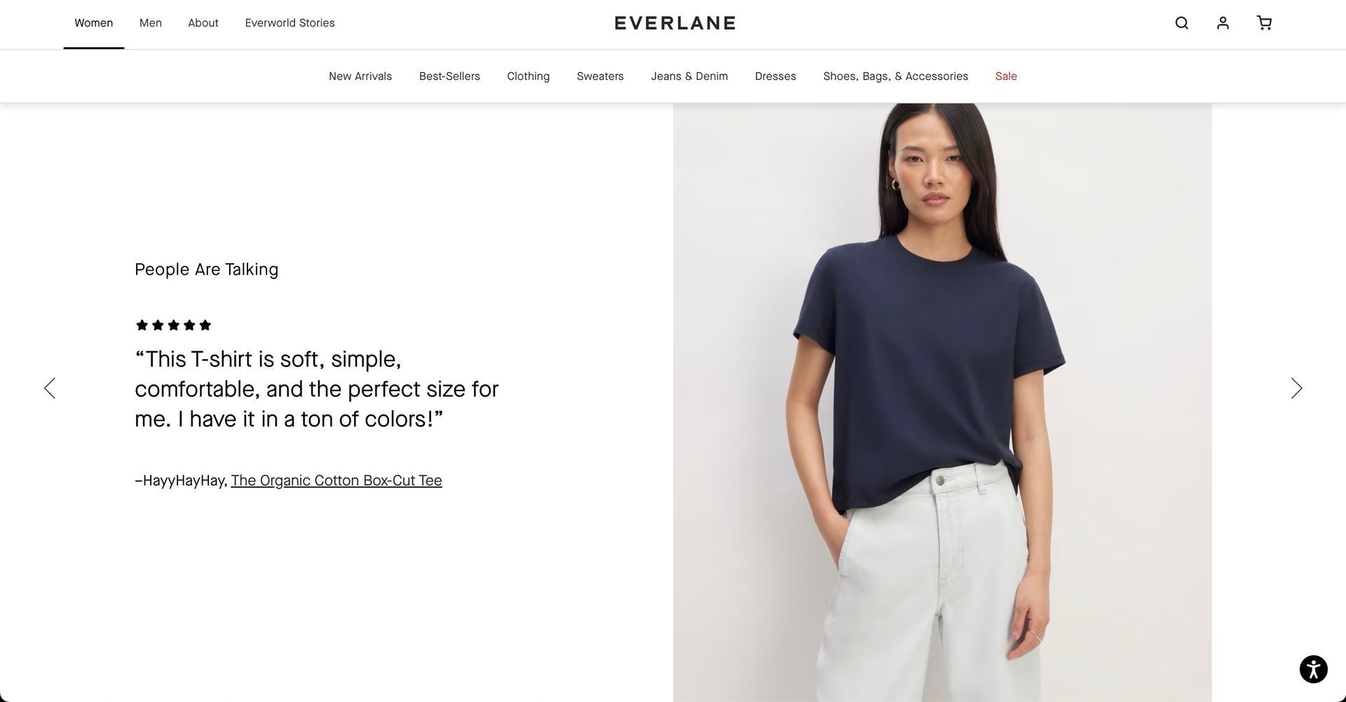 A screenshot of a website presenting a woman is wearing a blue t-shirt and white pants with her review of the product next to her