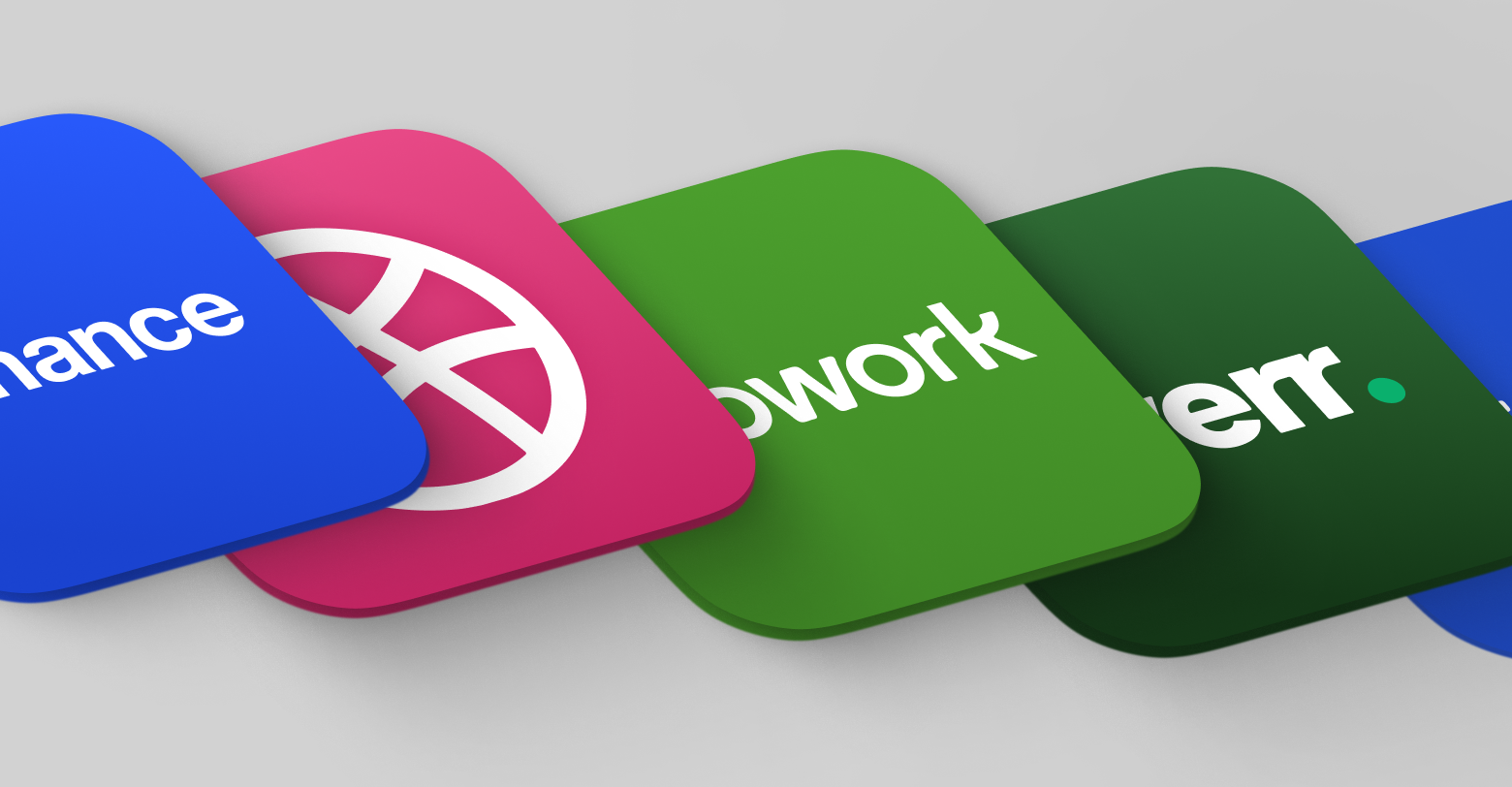 Different logos of freelance websites such as Upwork and Fiverr