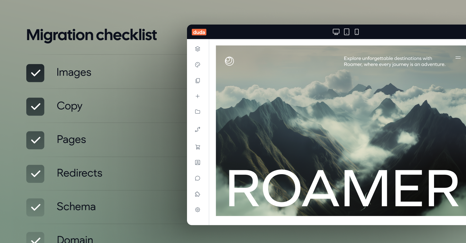 A website, built on Duda, alongside a website migration checklist