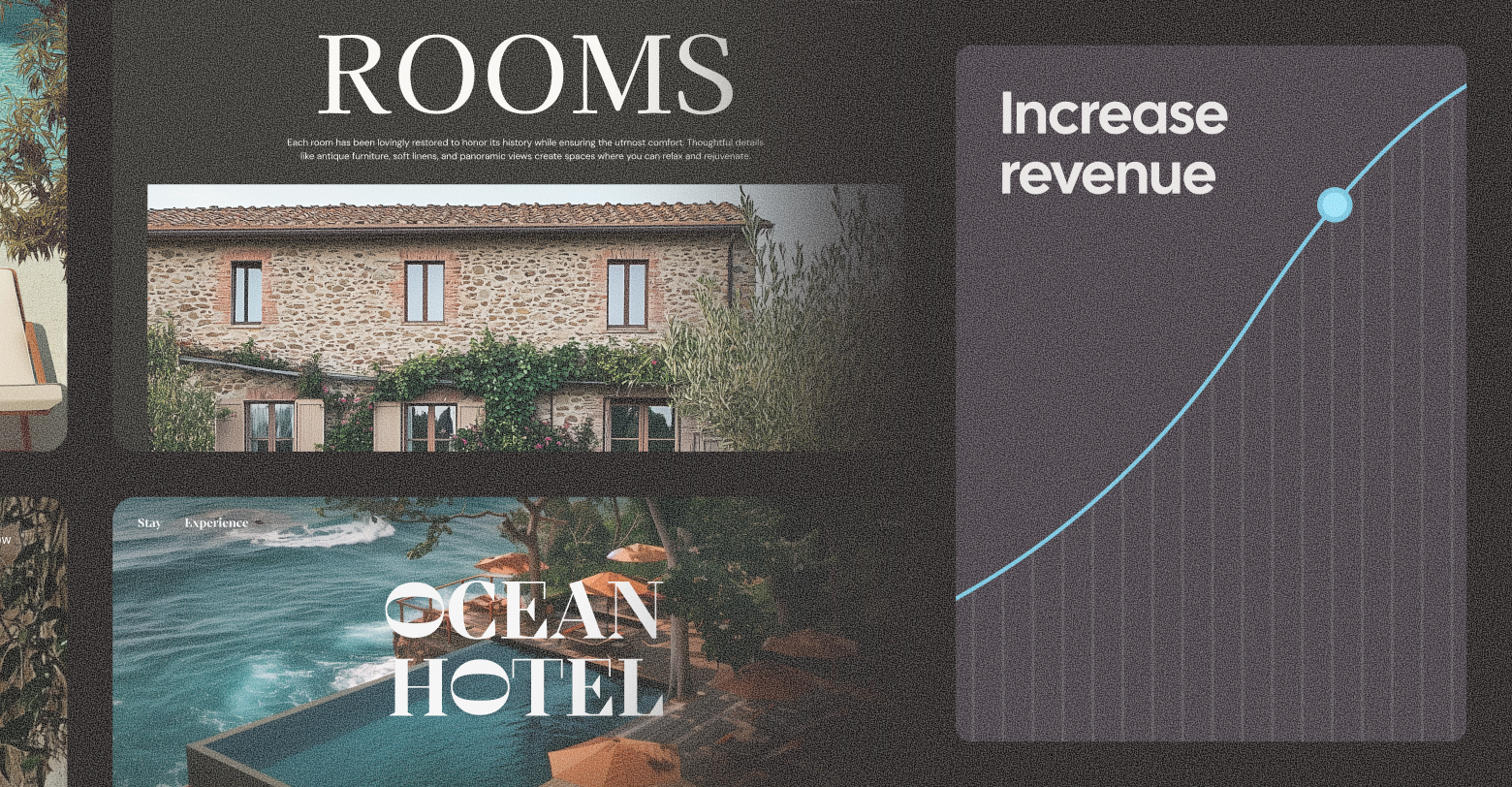 Hotel marketing graphic: Rooms section with a stone building photo and revenue increase graph.