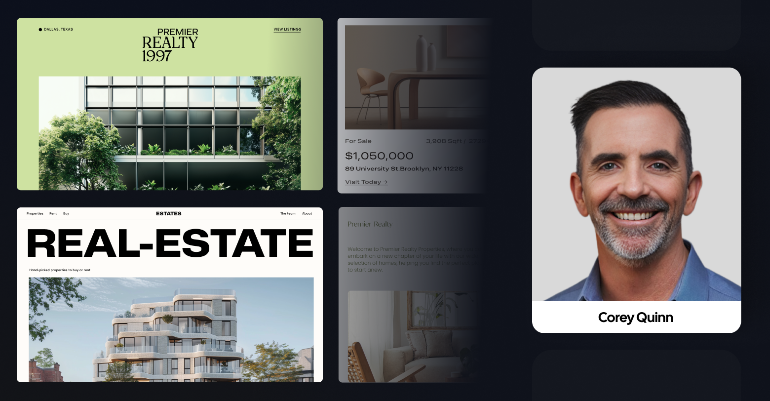 Corey Quinn headshot in front of a collage of real estate websites.