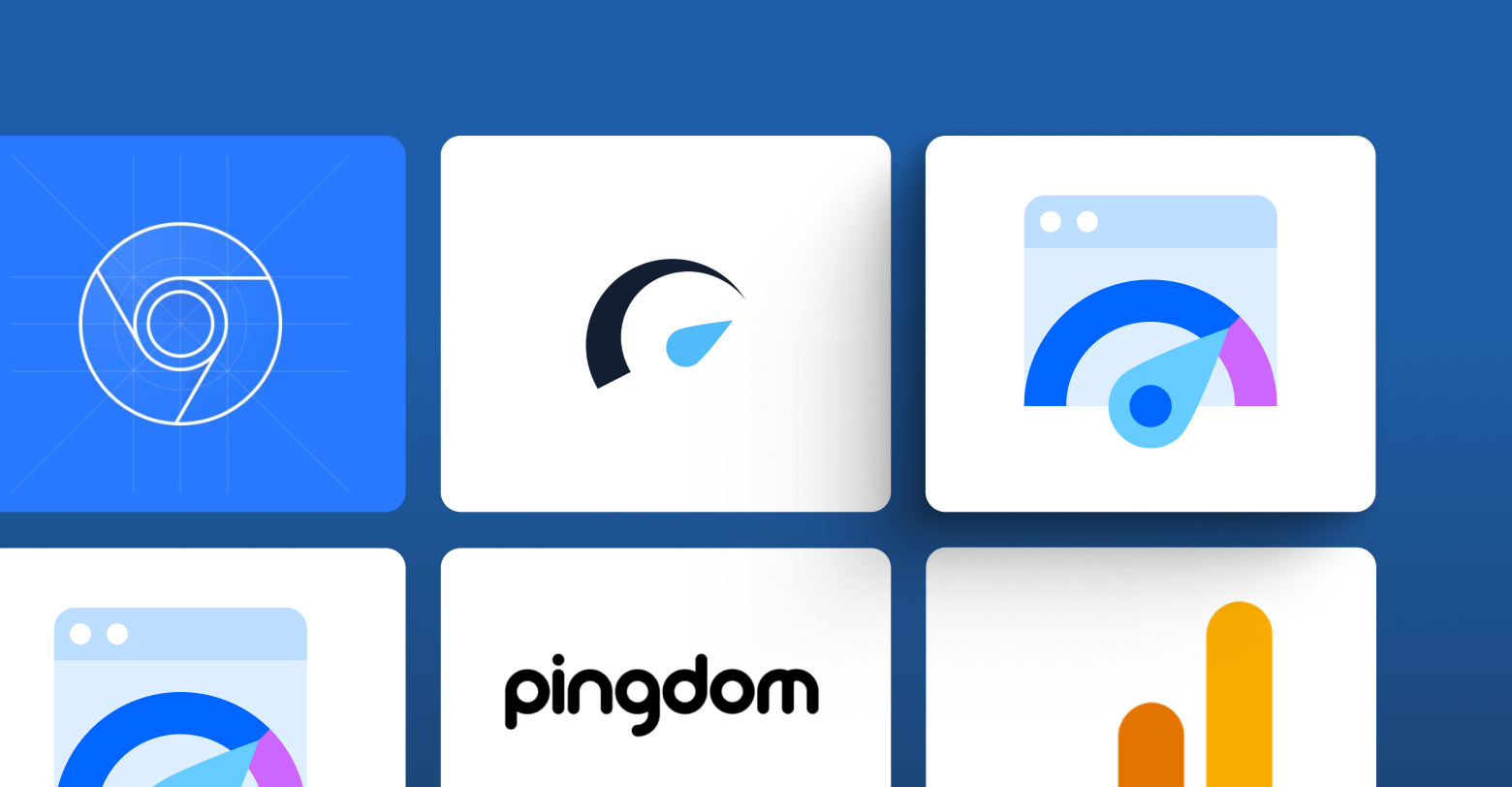 Web performance tools logos on a blue background.