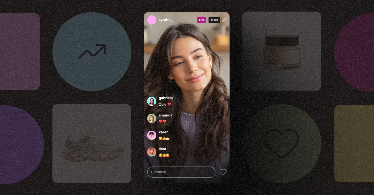 Woman smiling in a live video with interface buttons like hearts and products. Dark background.