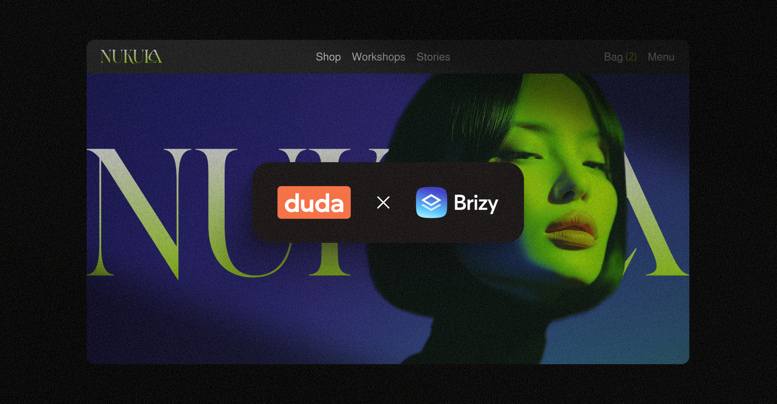 Dark-themed ad; Duda and Brizy logos over a blurred woman's face, vibrant colors, purple and green tones.