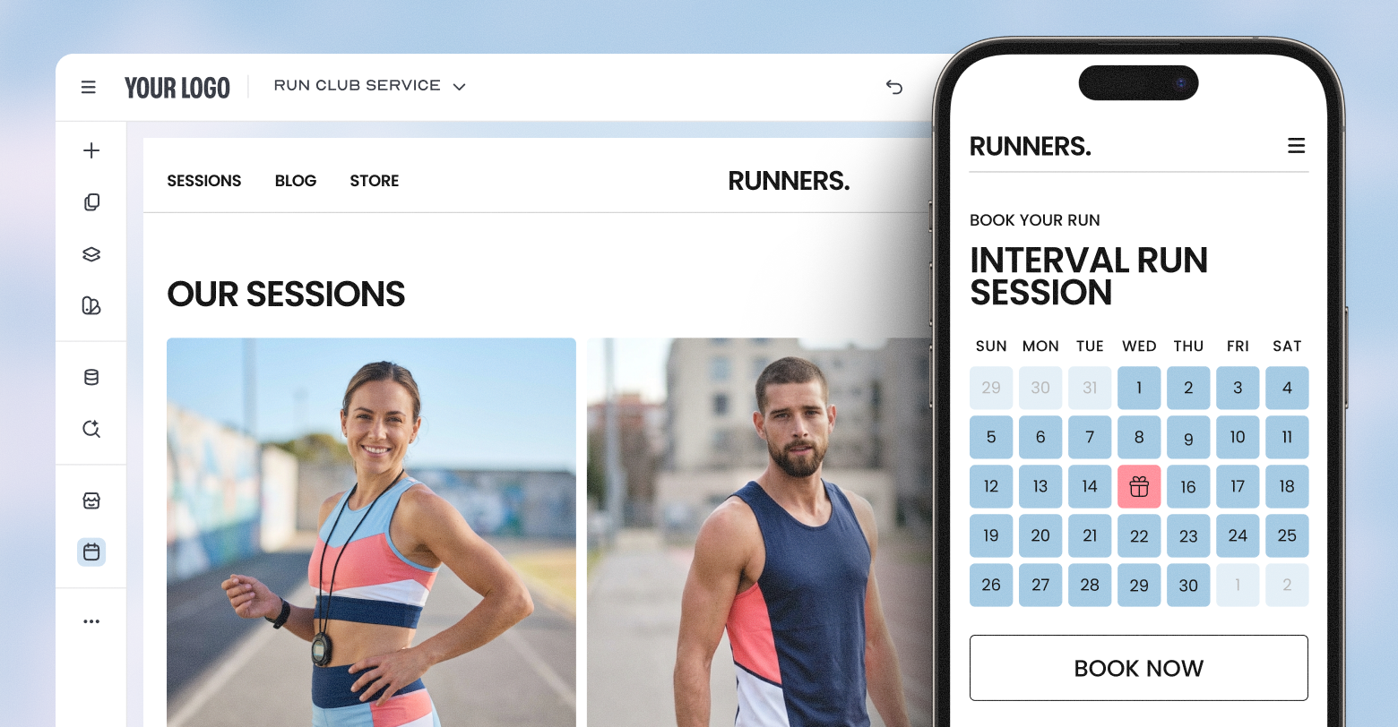 Website interface showing runners, a running session, and a booking calendar on a phone.