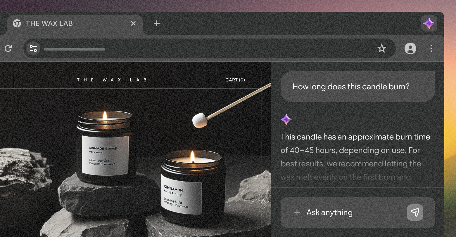 Browser window with website of lit candles, with a chatbot response answering how long they burn.