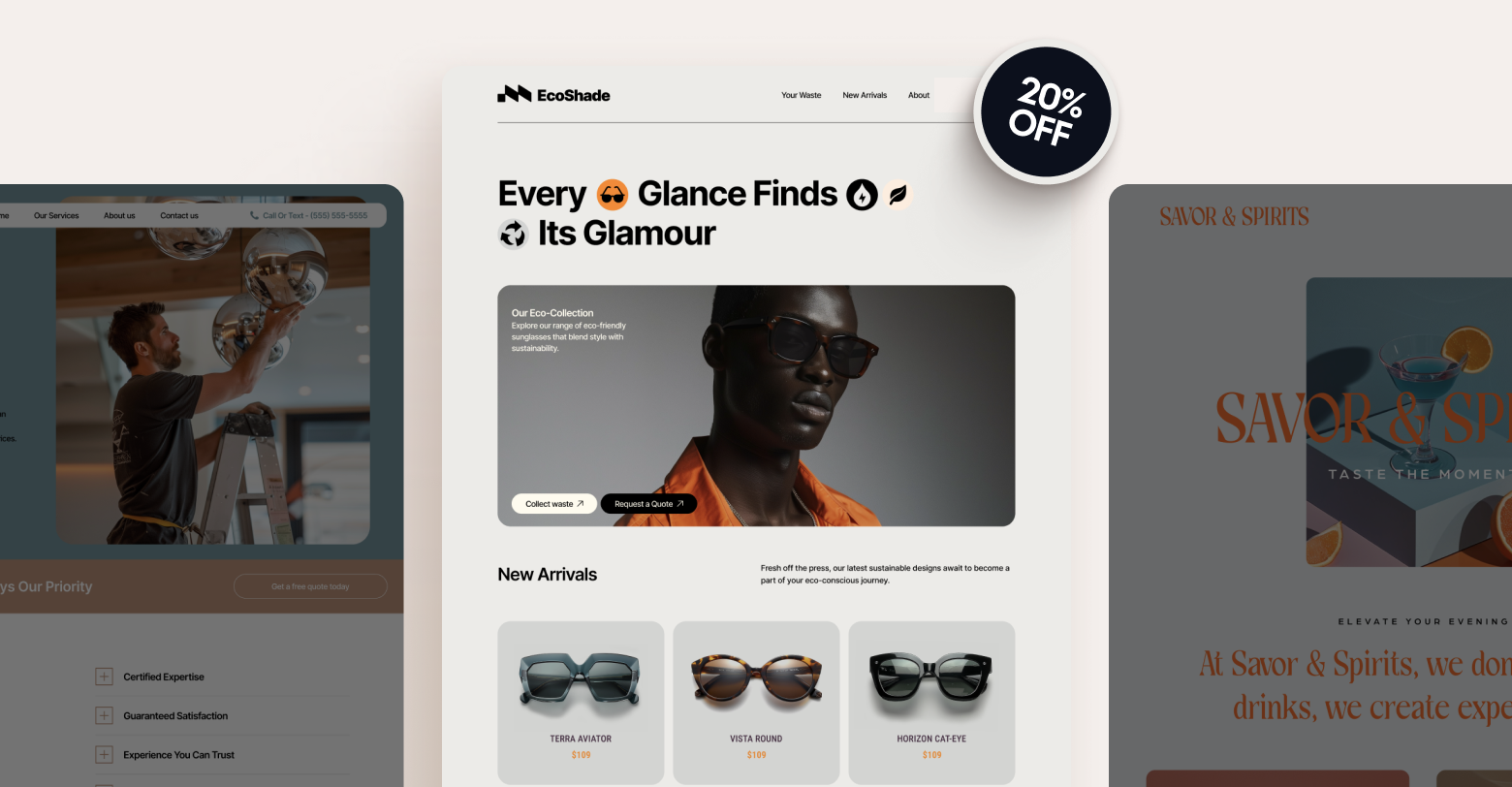 A man wearing sunglasses is featured on a website with a badge of 20% off