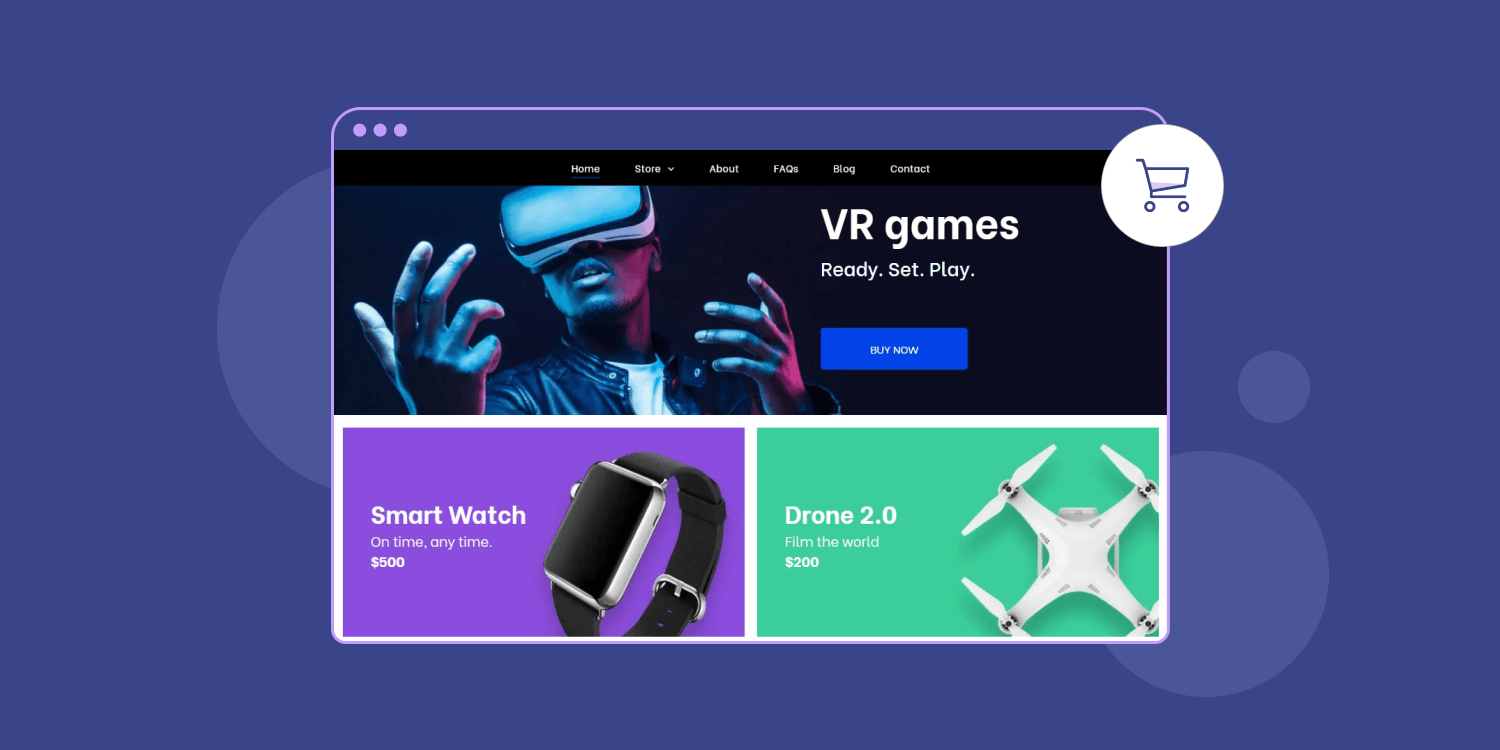 An ecommerce website displays a smart watch, a drone and VR games