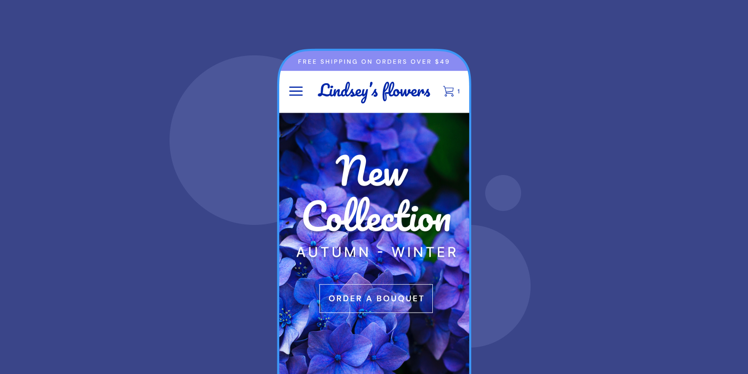 A website with purple flowers, promoting its new collection of autumn and winter flowers.