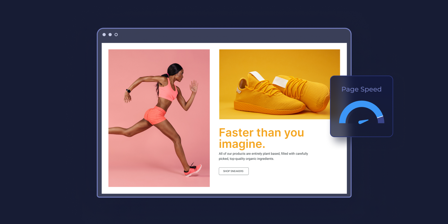 A woman running on a pink background next to a pair of yellow shoes illustrating ecommerce site speed