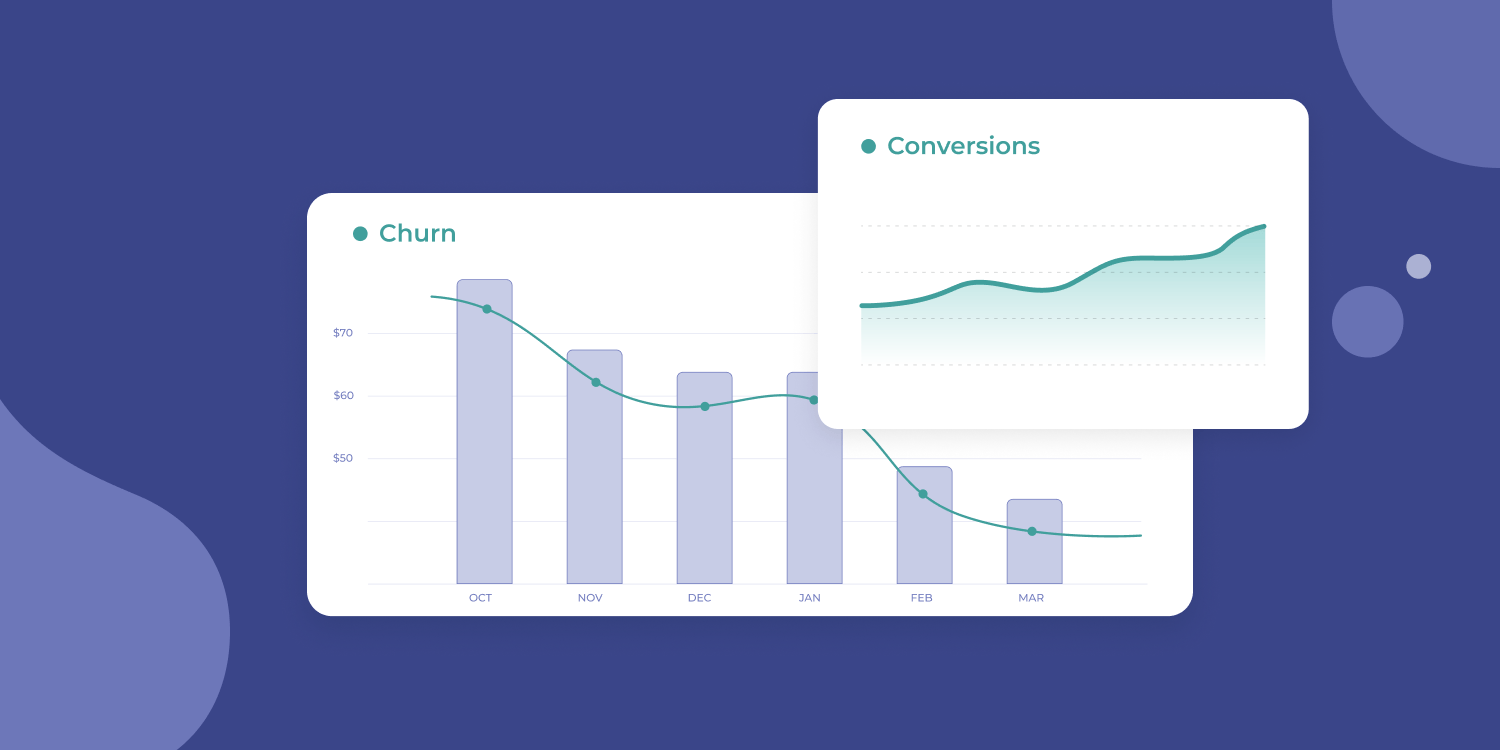 Two graphs showing churn and conversions on a blue background