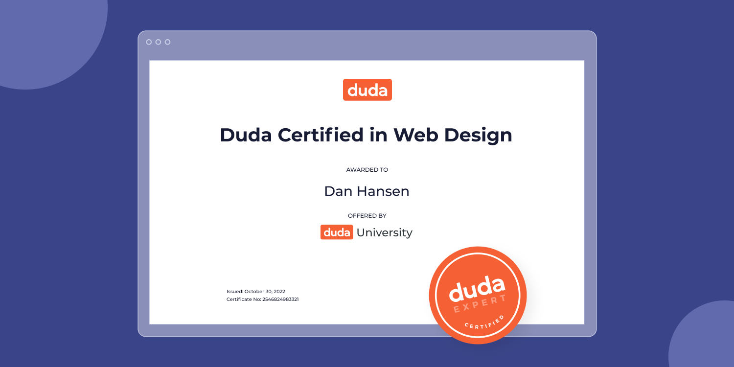 a certificate that says duda certified in web design