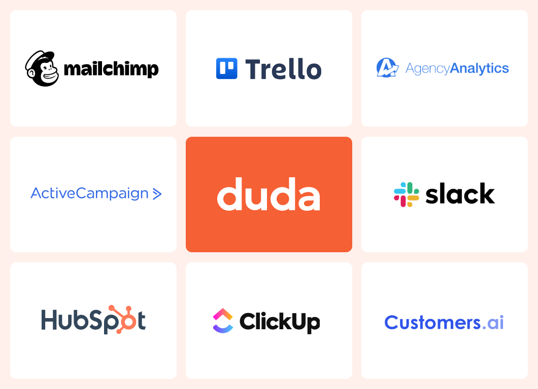 A collage of logos including Duda, Mailchimp, Trello and AgencyAnalytics